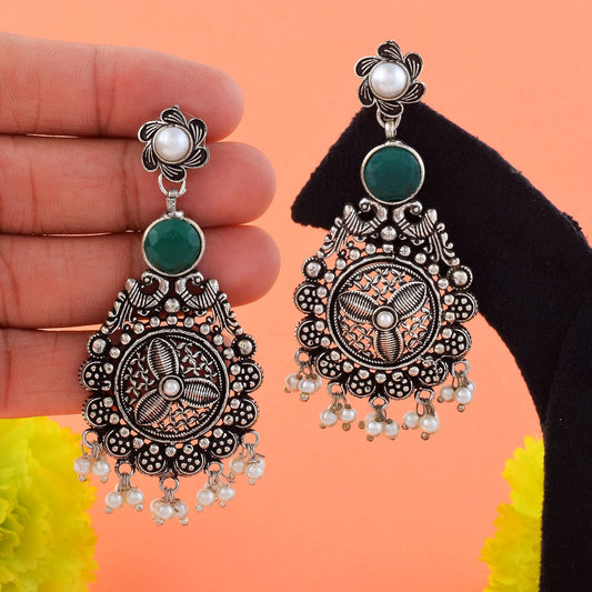 Stylish Green Color Oxidised Earrings Crafted For Party Wear, Cultural Events, And Bridal Jewelry