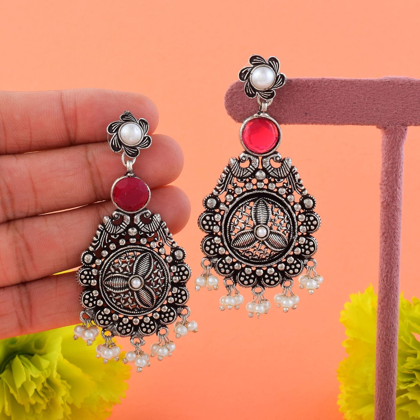 Attractive Rani Color Oxidised Earrings Perfect For Bridal Wear, Parties, And Ethnic Styling