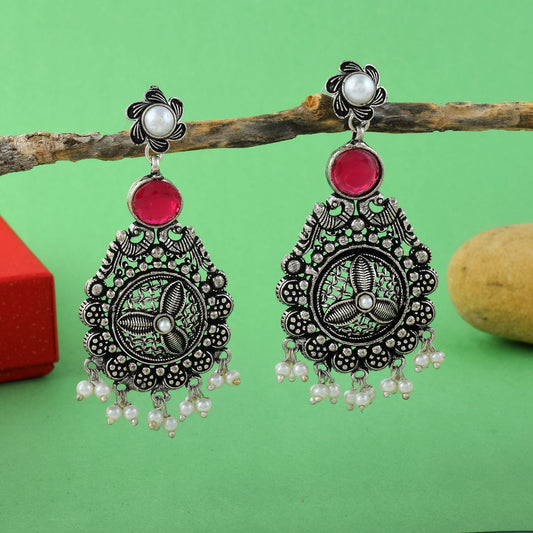 Attractive Rani Color Oxidised Earrings Perfect For Bridal Wear, Parties, And Ethnic Styling