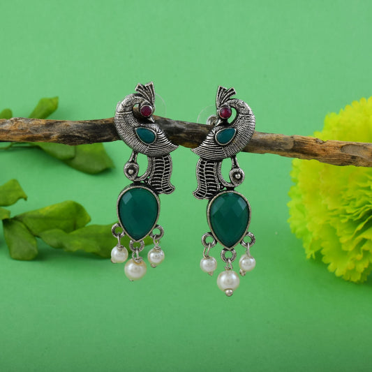 Elegant Green Color Oxidised Earrings Perfect For Wedding Jewelry And Traditional Indian Fashion