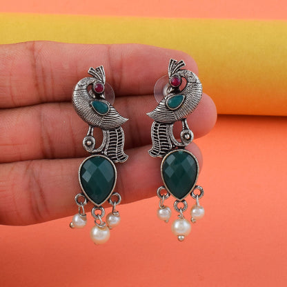 Elegant Green Color Oxidised Earrings Perfect For Wedding Jewelry And Traditional Indian Fashion