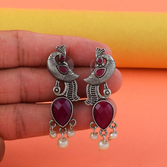 Gorgeous Maroon Color Oxidised Earrings Designed With Exquisite Handmade Work For Brides And Parties
