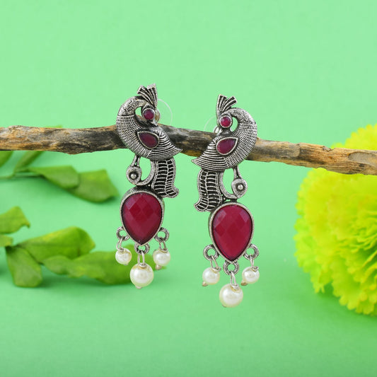 Gorgeous Maroon Color Oxidised Earrings Designed With Exquisite Handmade Work For Brides And Parties