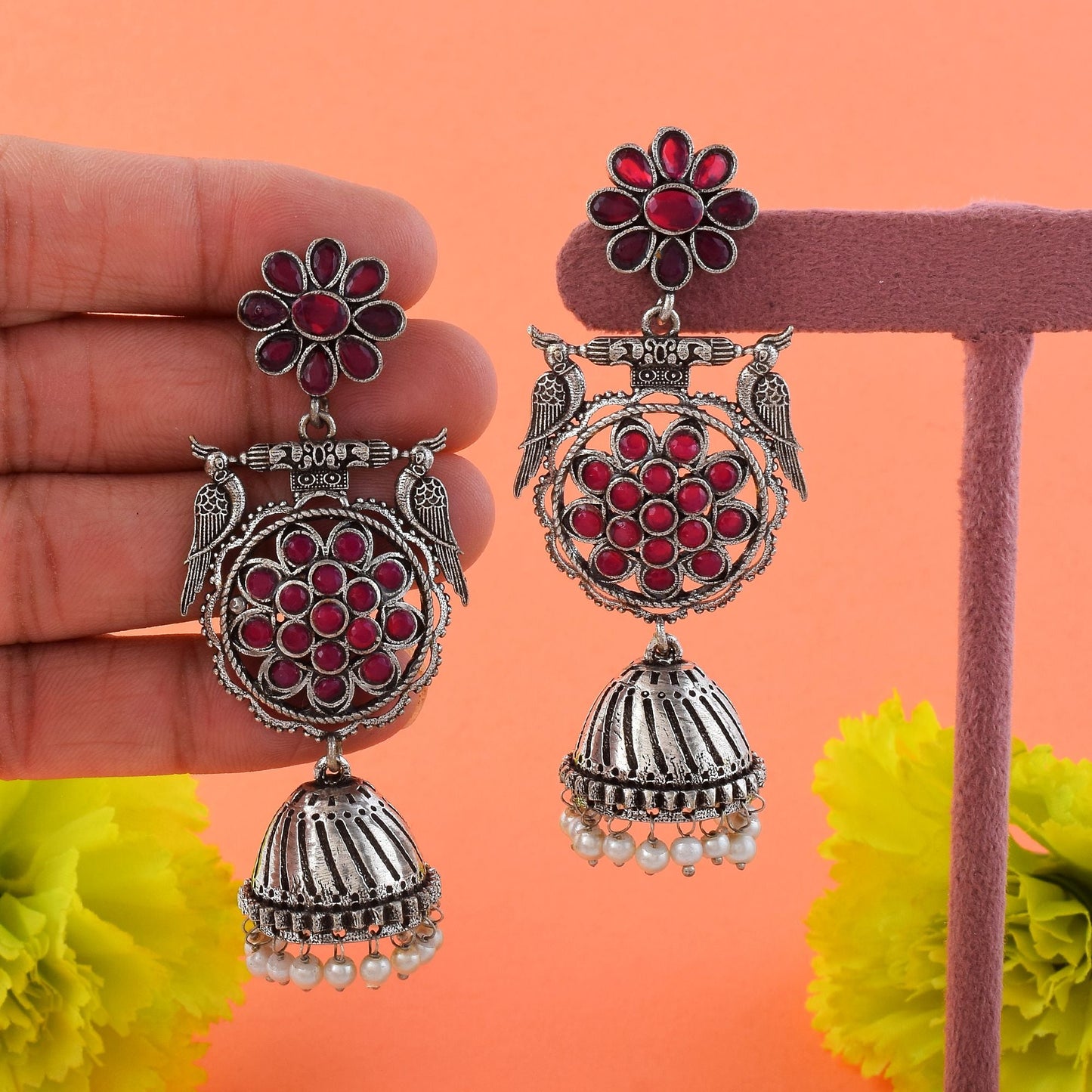 Stylish Rani Color Oxidised Earrings Crafted With Artistic Work For Wedding And Festive Jewelry