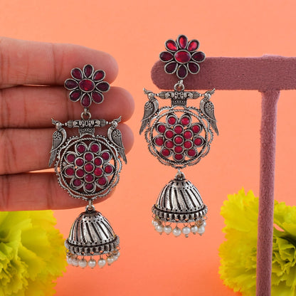 Stylish Rani Color Oxidised Earrings Crafted With Artistic Work For Wedding And Festive Jewelry