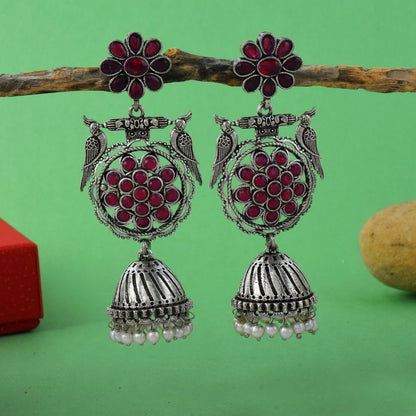 Stylish Rani Color Oxidised Earrings Crafted With Artistic Work For Wedding And Festive Jewelry