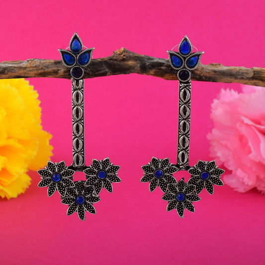 Elegant Blue Color Oxidised Earrings Designed For Bridal Jewelry, Ethnic Fashion, And Party Styling