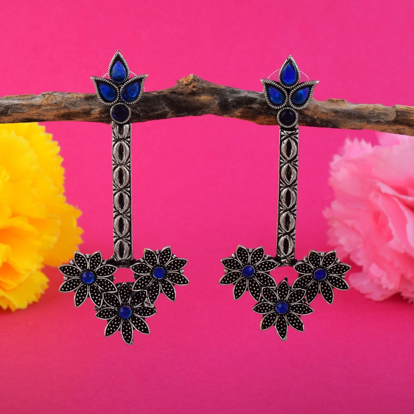 Elegant Blue Color Oxidised Earrings Designed For Bridal Jewelry, Ethnic Fashion, And Party Styling