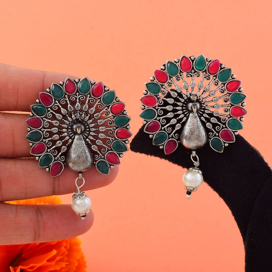 Gorgeous Rani And Green Color Oxidised Earrings Perfect For Bridal Wear And Cultural Outfits