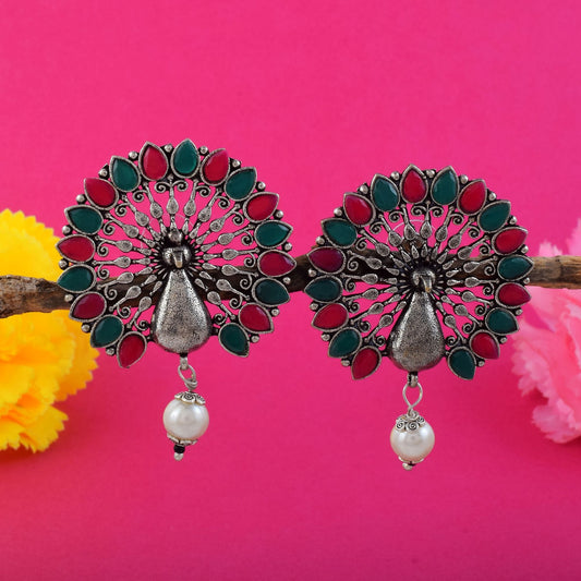 Gorgeous Rani And Green Color Oxidised Earrings Perfect For Bridal Wear And Cultural Outfits