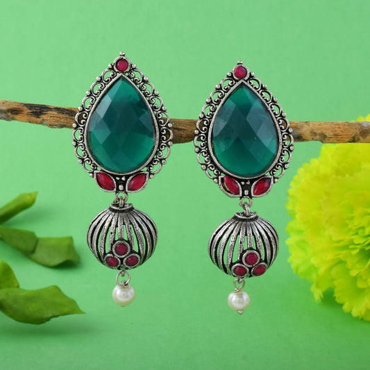 Stylish Maroon And Green Color Oxidised Earrings Designed For Wedding, Parties, And Festival Jewelry