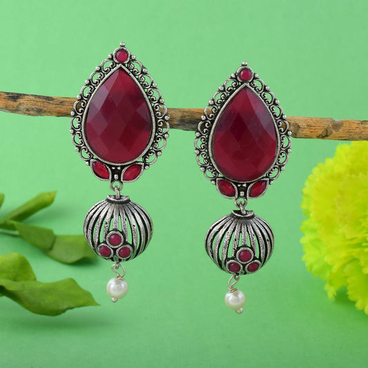 Elegant Maroon Color Oxidised Earrings Crafted With Handmade Detailing For Bridal And Party Wear