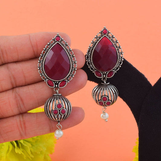 Elegant Maroon Color Oxidised Earrings Crafted With Handmade Detailing For Bridal And Party Wear