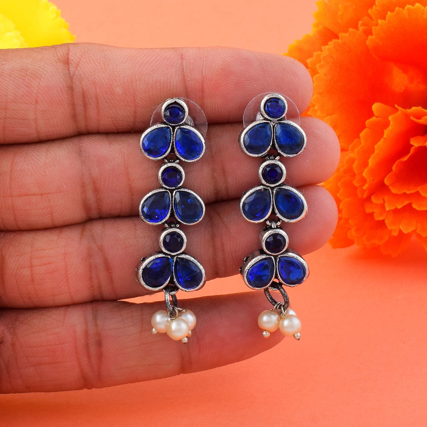 Elegant Blue Color Oxidised Earrings Crafted With Premium Artistic Work For Bridal And Festival Jewelry