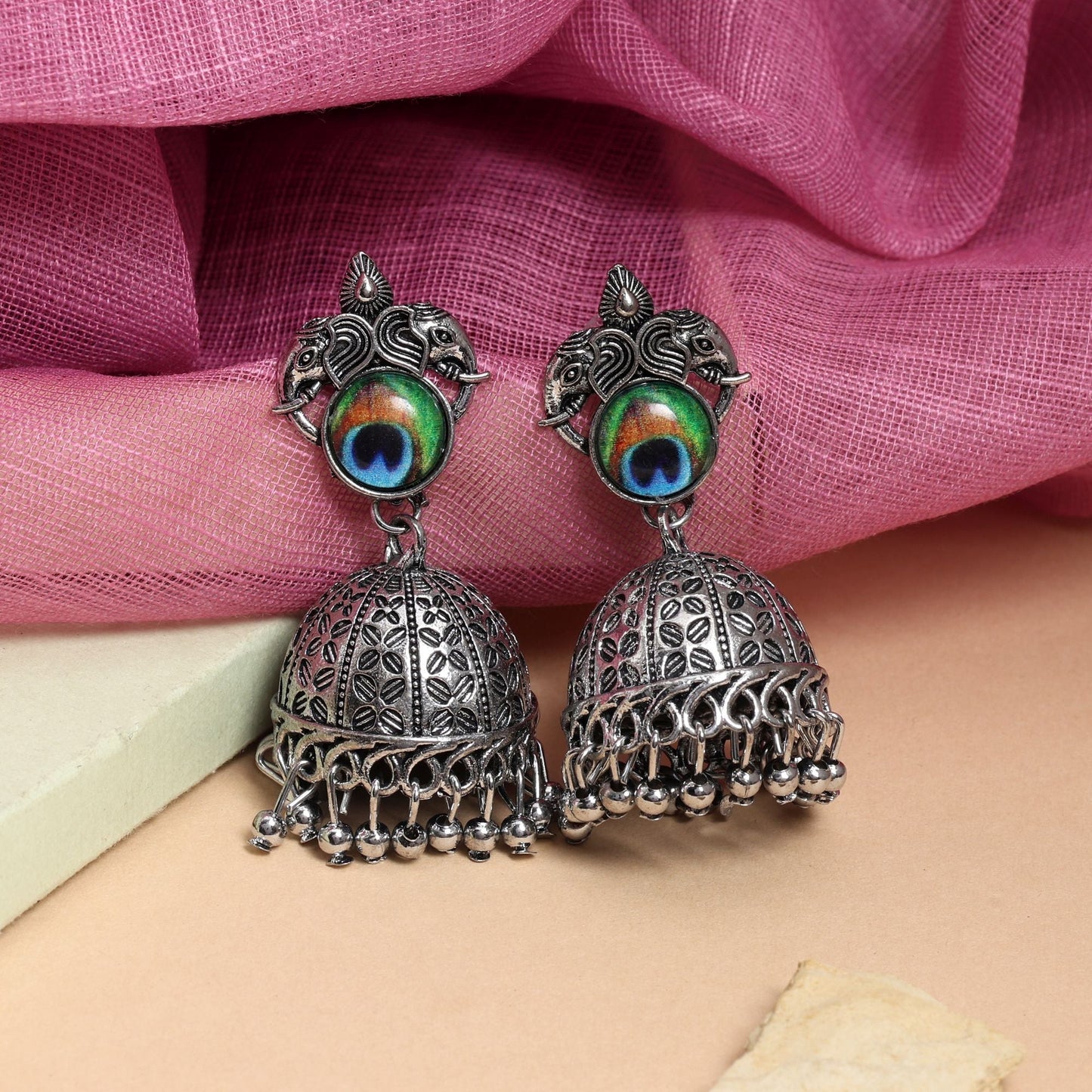 Stylish Silver Color Peacock Feather Oxidised Earrings Perfect For Brides, Parties, And Traditional Wear