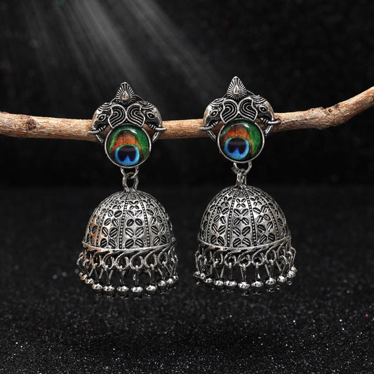 Stylish Silver Color Peacock Feather Oxidised Earrings Perfect For Brides, Parties, And Traditional Wear