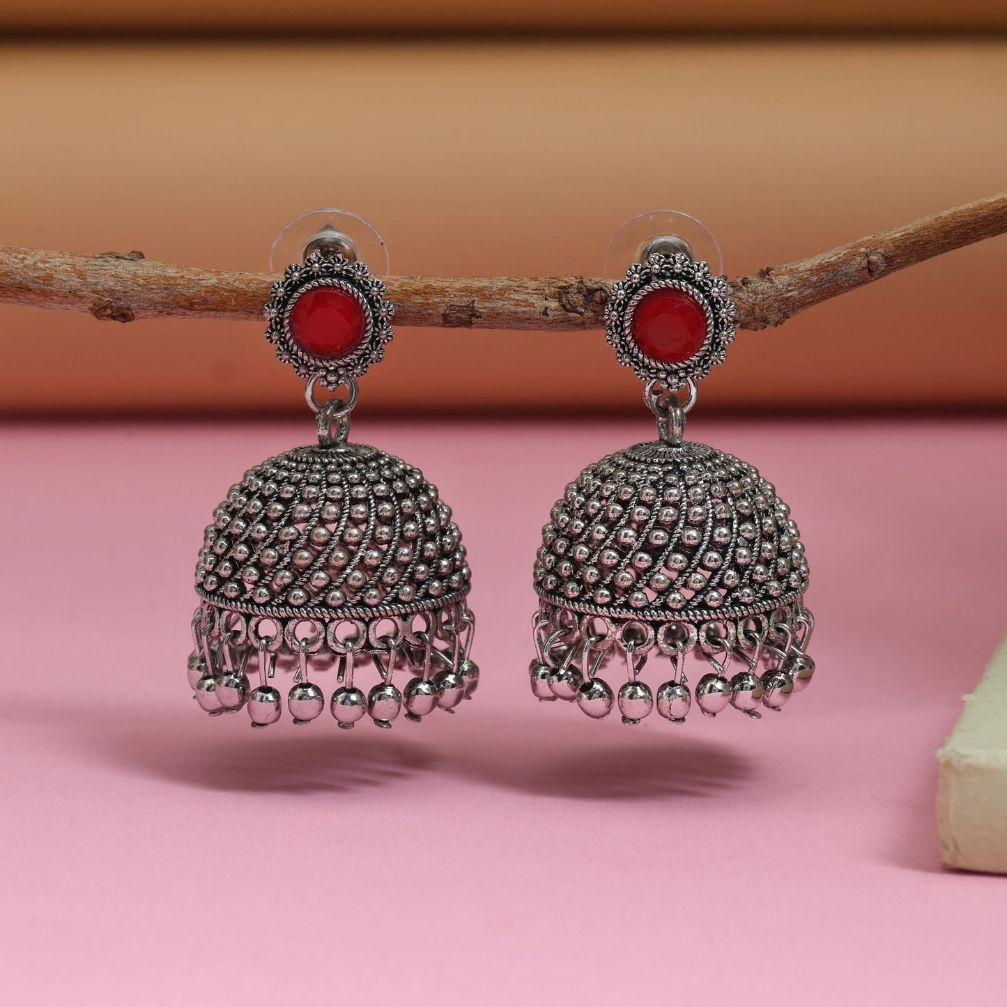 Attractive Red Color Oxidised Earrings Designed For Brides, Festivals, And Party Fashion Jewelry
