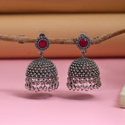 Gorgeous Rani Color Oxidised Earrings Designed With Handmade Work For Brides And Special Occasions