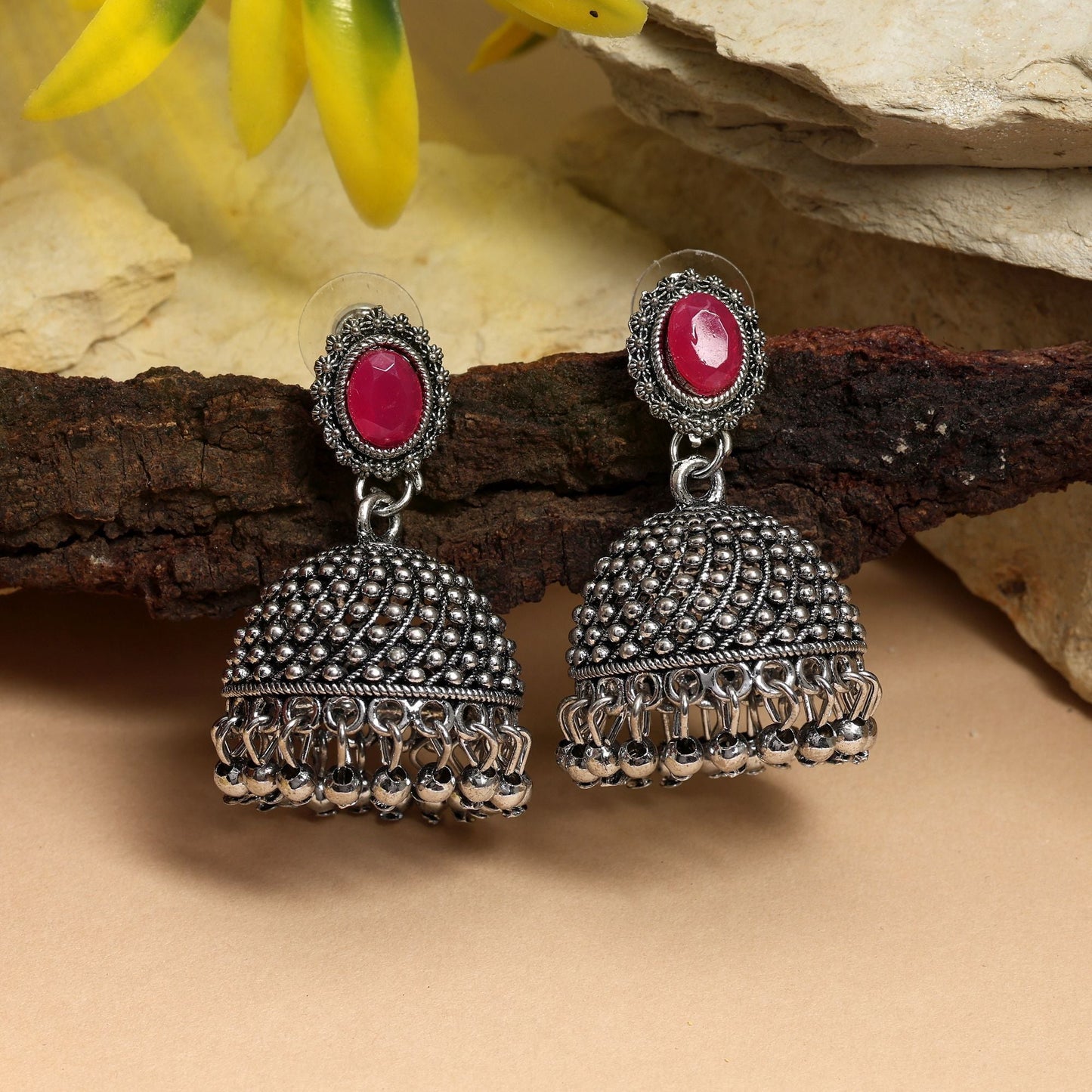 Stylish Rani Color Oxidised Earrings Crafted With Artistic Detailing For Brides And Traditional Jewelry