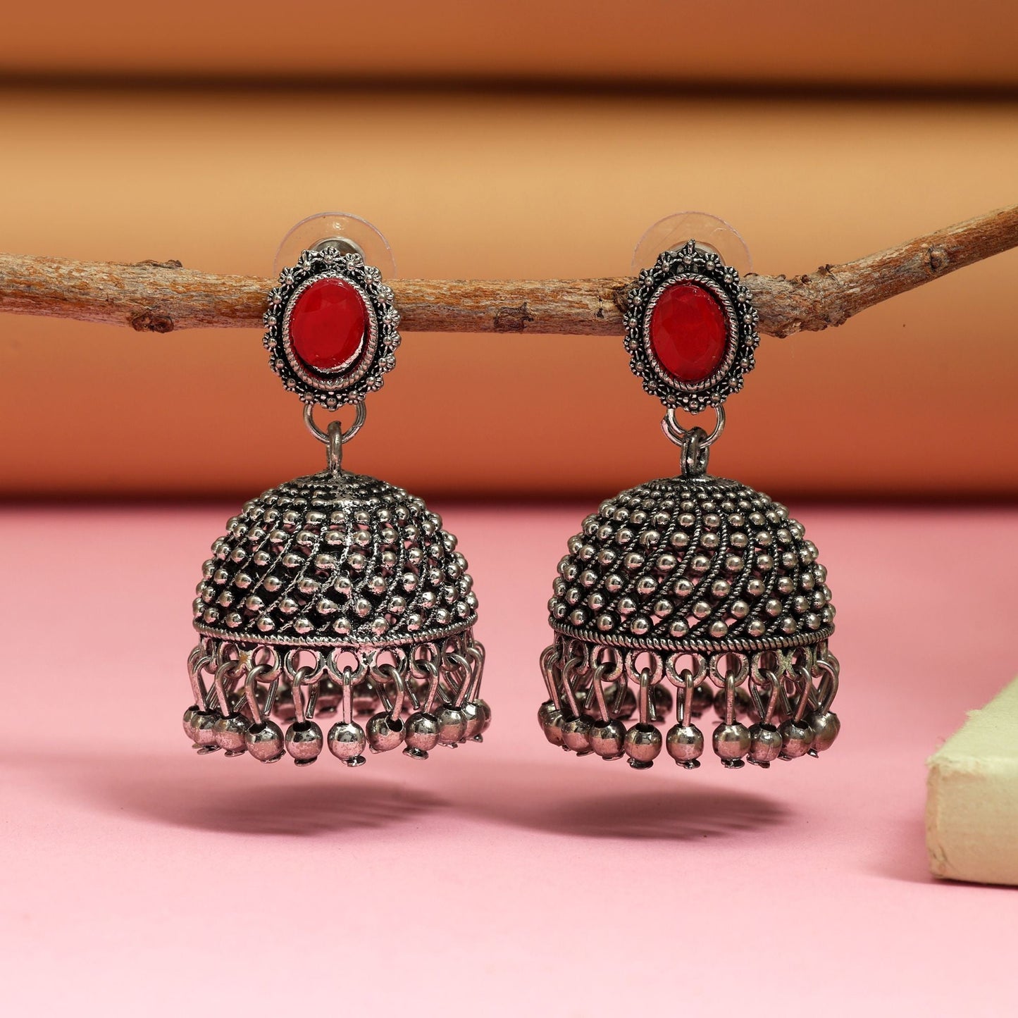 Stylish Rani Color Oxidised Earrings Crafted With Artistic Detailing For Brides And Traditional Jewelry