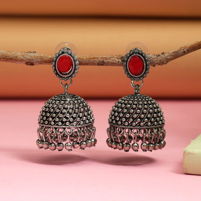 Stylish Rani Color Oxidised Earrings Crafted With Artistic Detailing For Brides And Traditional Jewelry