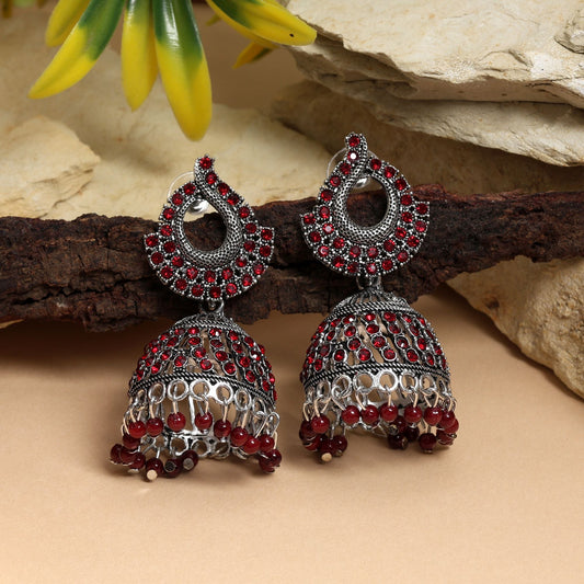 Elegant Maroon Color Oxidised Earrings Designed With Artistic Detailing For Brides And Traditional Outfits