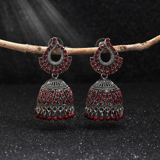 Elegant Maroon Color Oxidised Earrings Designed With Artistic Detailing For Brides And Traditional Outfits