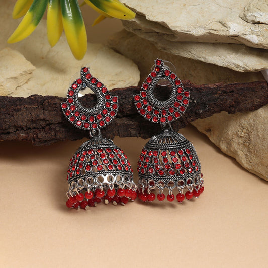 Elegant Red Color Oxidised Earrings Designed With Handmade Artistic Work For Brides And Party Wear