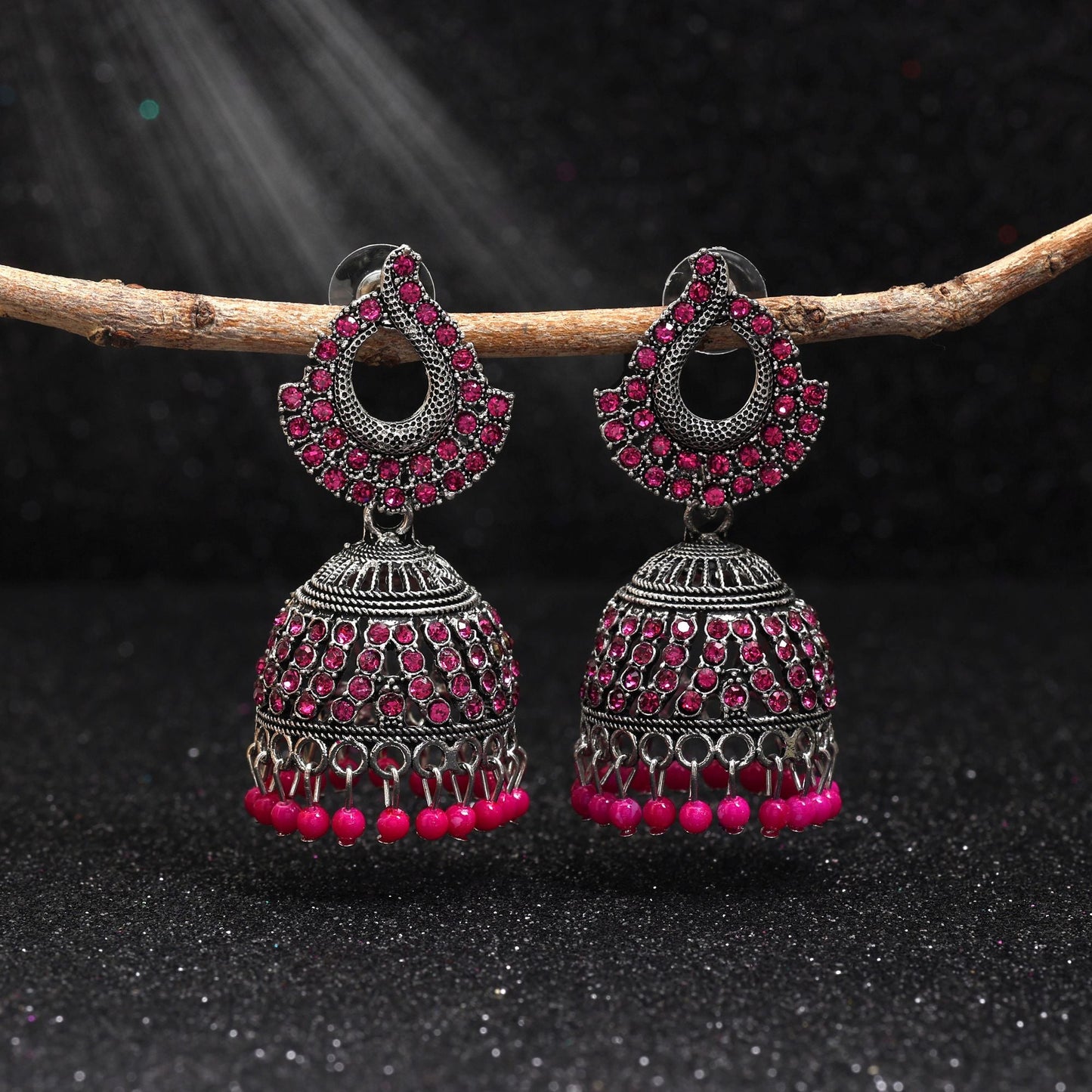 Gorgeous Rani Color Oxidised Earrings Designed For Brides, Parties, And Indian Cultural Fashion Styling