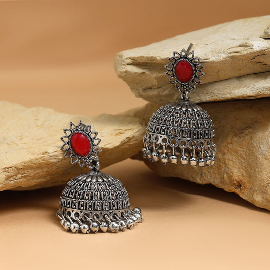 Stylish Red Color Oxidised Earrings Crafted For Bridal Fashion Jewelry And Women’S Ethnic Party Wear