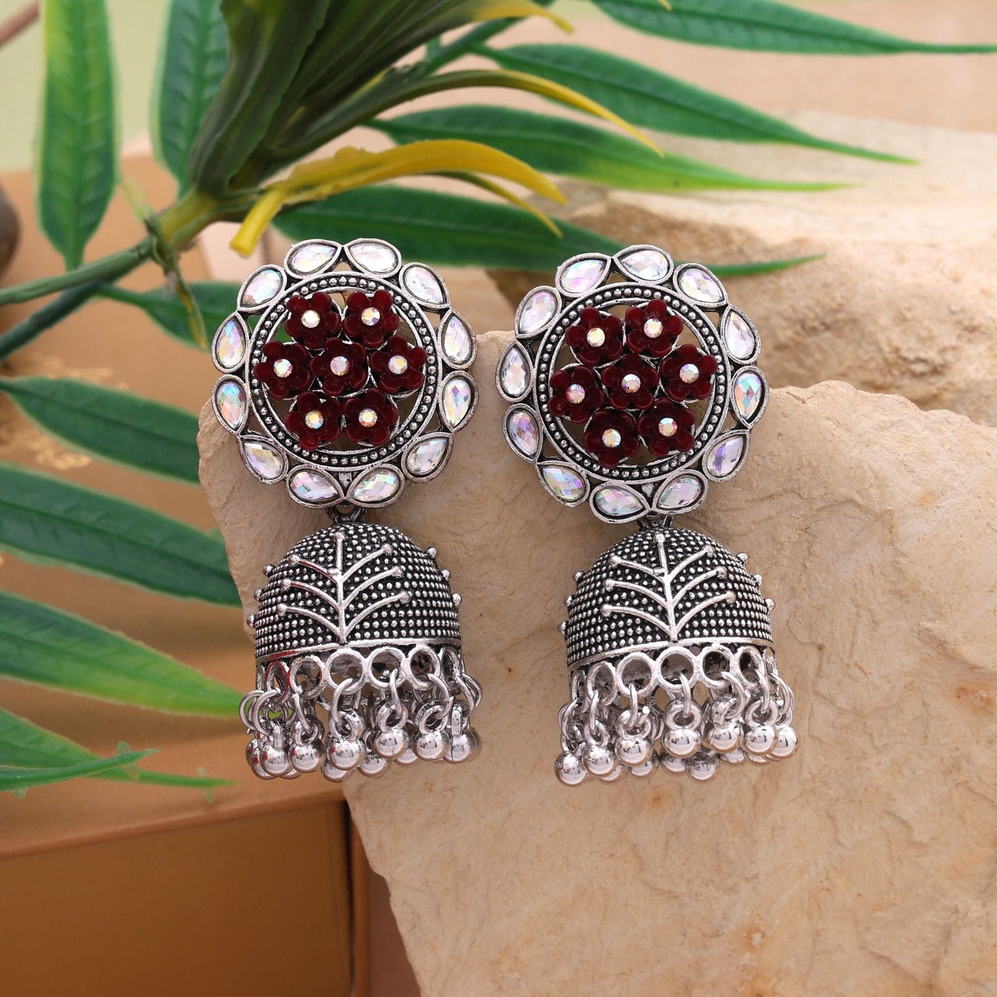 Traditional Maroon Color Oxidised Earrings With Antique Design For Women And Girls