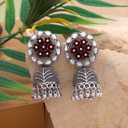 Traditional Maroon Color Oxidised Earrings With Antique Design For Women And Girls