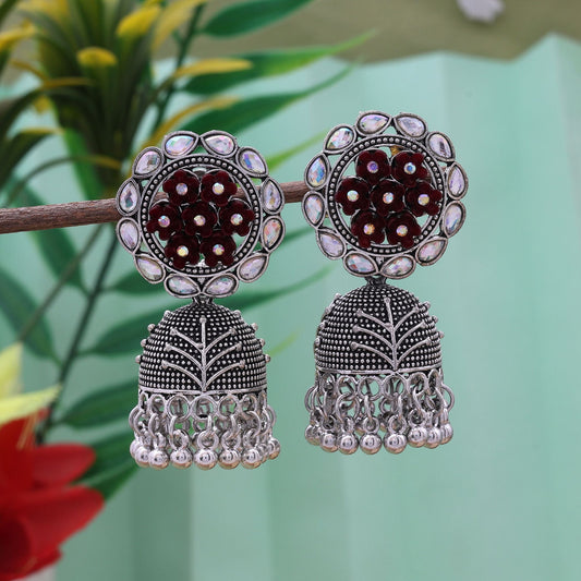Traditional Maroon Color Oxidised Earrings With Antique Design For Women And Girls