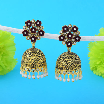 Gorgeous Maroon Color Oxidised Earrings Crafted For Bridal Wear, Parties, And Special Occasions