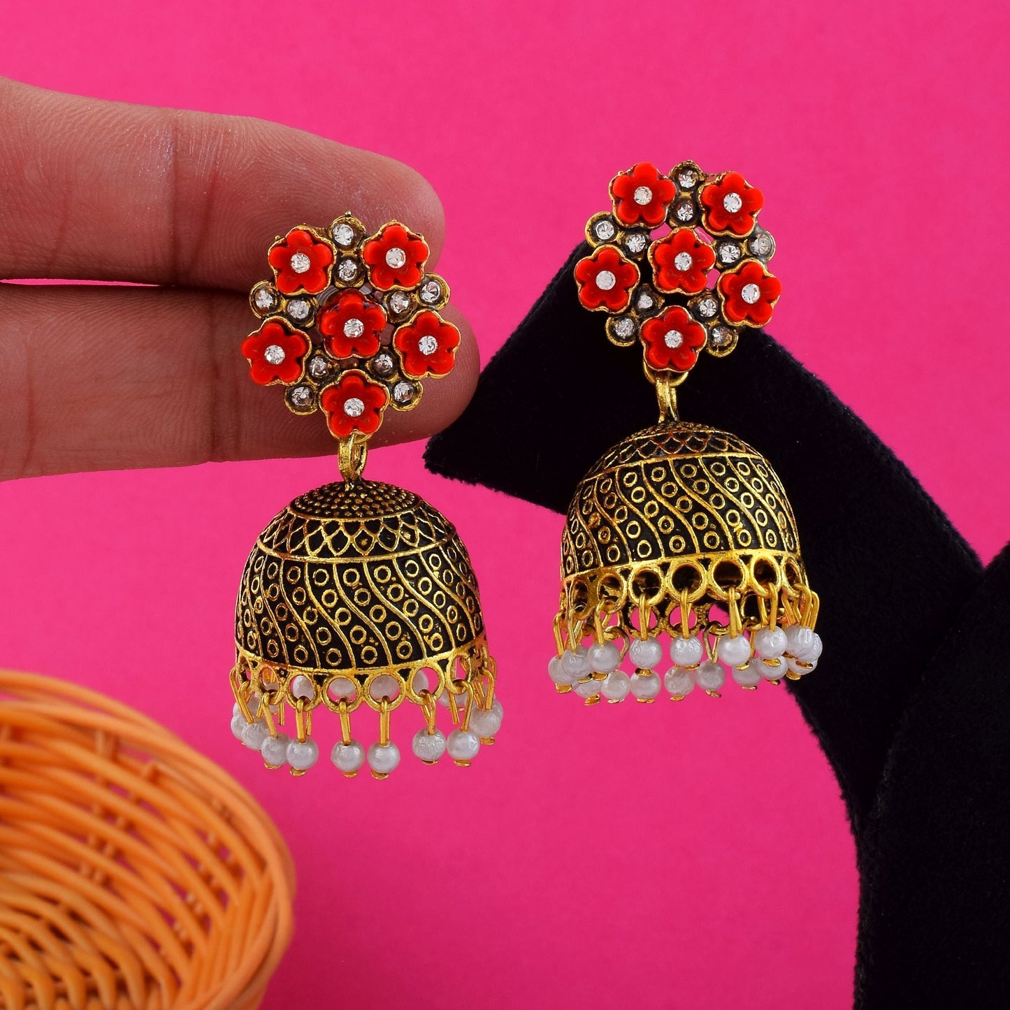Attractive Red Color Oxidised Earrings Crafted For Parties, Celebrations, And Traditional Festive Outfits