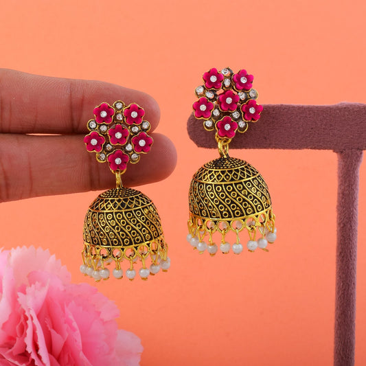 Beautiful Rani Color Oxidised Earrings Designed With Handmade Detailing For Wedding And Festive Looks