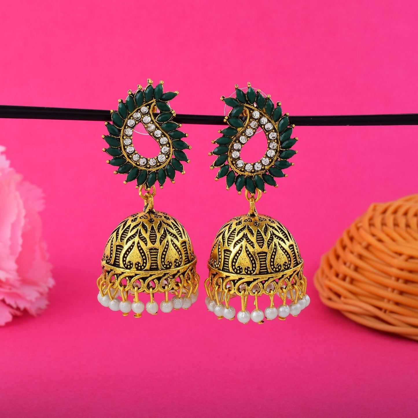 Beautiful Green Color Oxidised Earrings Designed For Ethnic Styling, Weddings, And Party Occasions