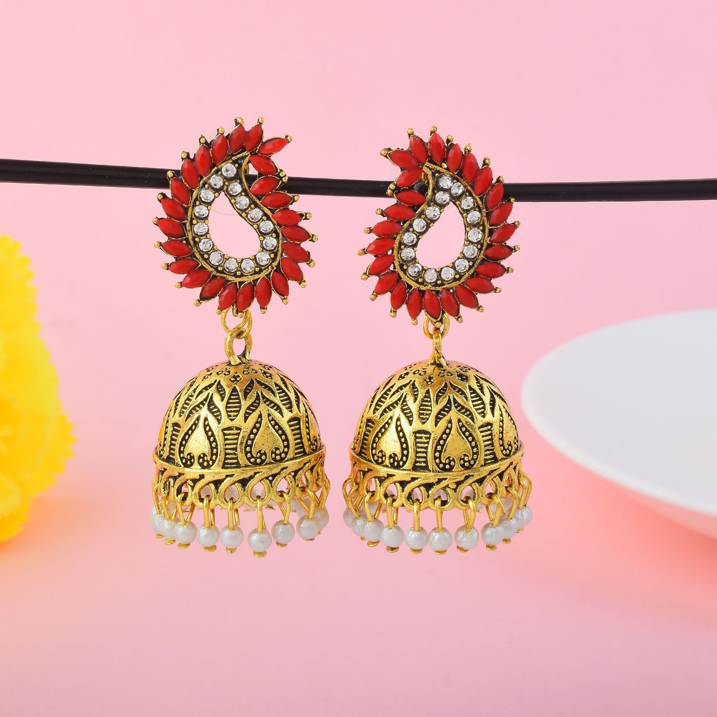 Elegant Red Color Oxidised Earrings Designed For Bridal Fashion And Traditional Festival Jewelry