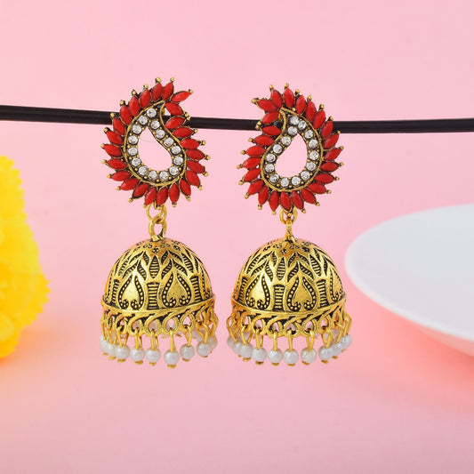 Elegant Red Color Oxidised Earrings Designed For Bridal Fashion And Traditional Festival Jewelry