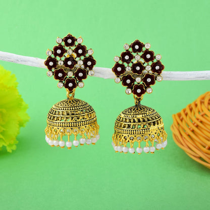 Elegant Maroon Color Oxidised Earrings Designed With Premium Detailing For Bridal And Festive Styling