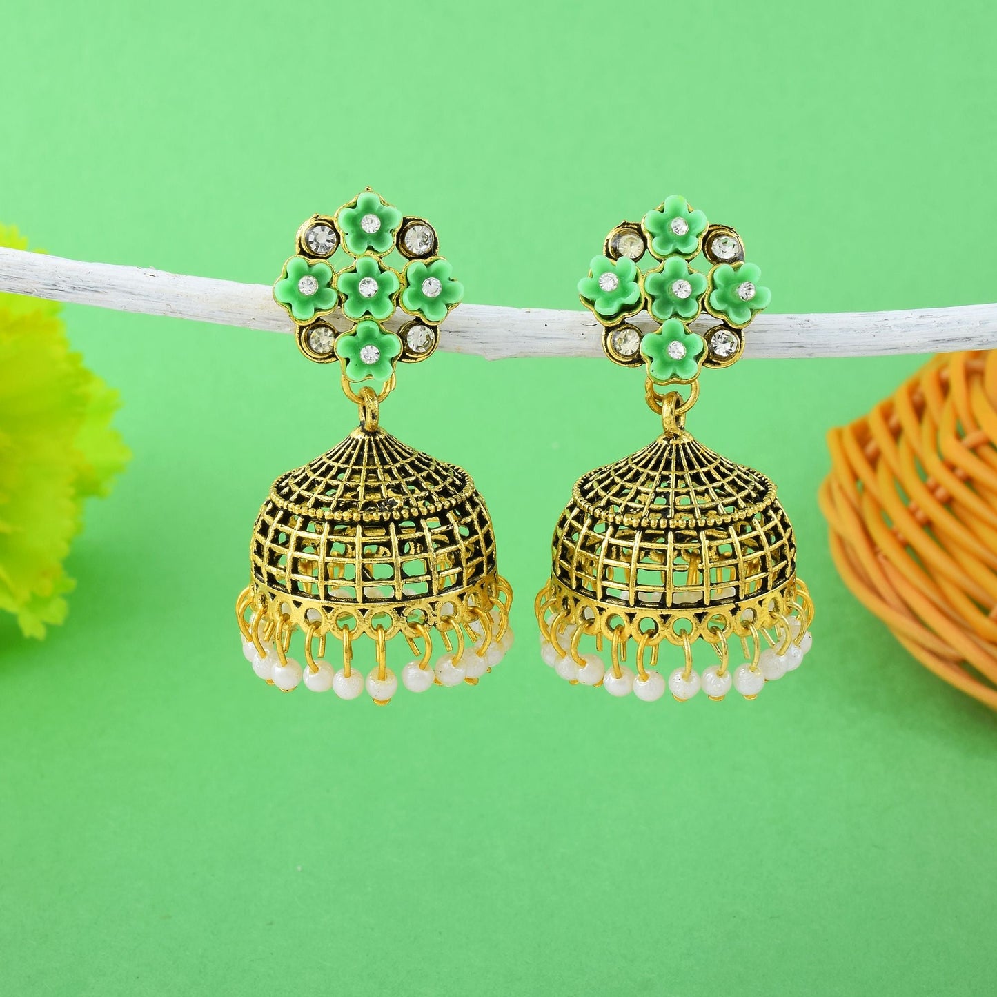 Elegant Light Green Color Oxidised Earrings Crafted For Festivals, Engagements, And Bridal Styling Needs