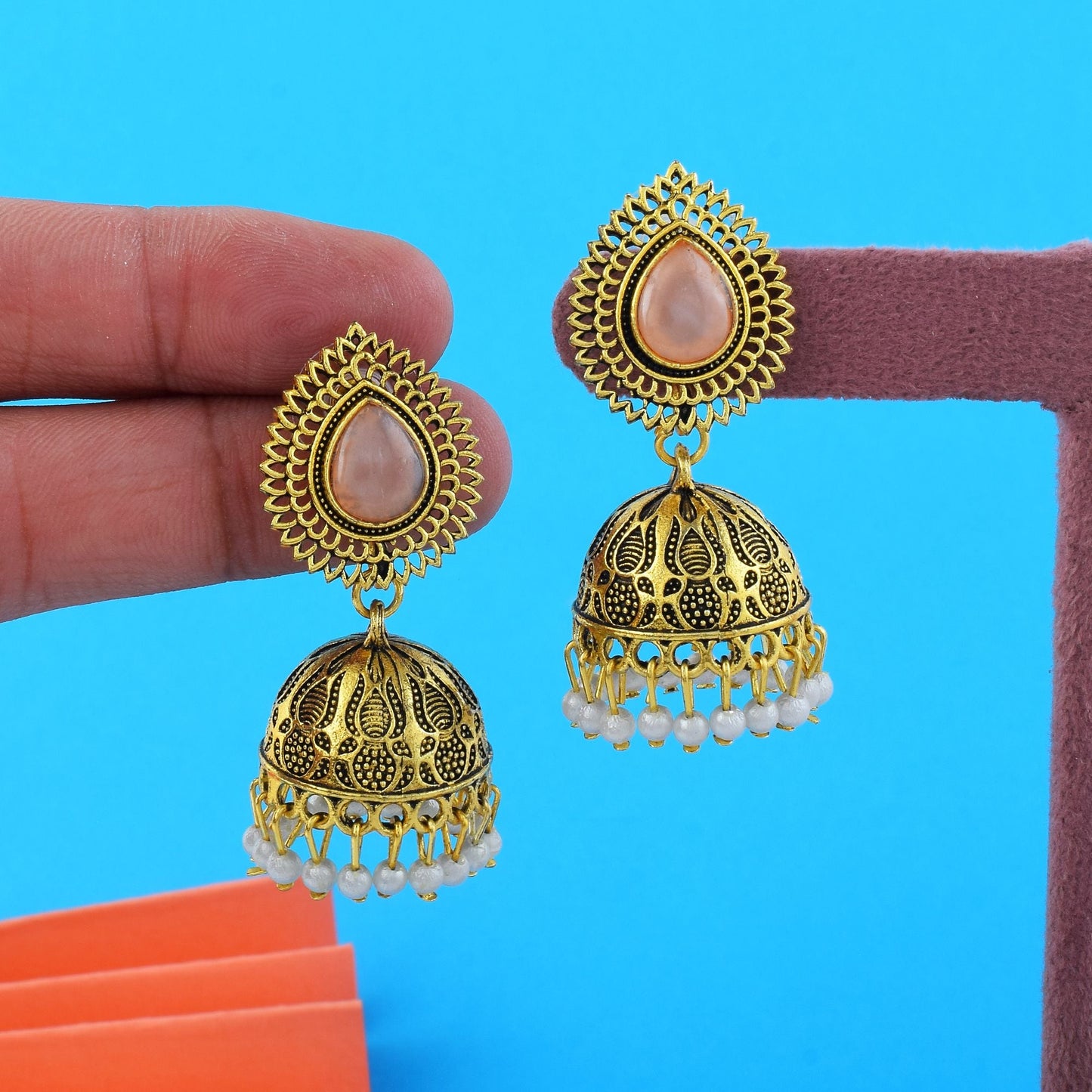 Gorgeous Light Peach Color Oxidised Earrings Designed For Brides, Festivals, And Party Wear Styling