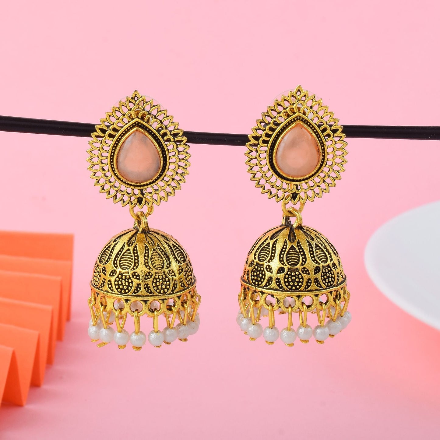 Gorgeous Light Peach Color Oxidised Earrings Designed For Brides, Festivals, And Party Wear Styling
