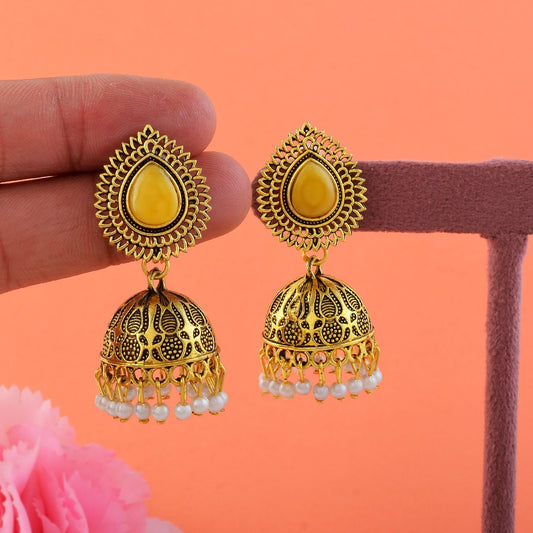 Elegant Yellow Color Oxidised Earrings Crafted For Weddings, Cultural Events, And Festive Occasions