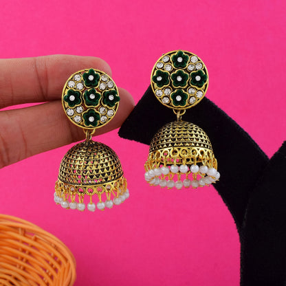 Elegant Green Color Oxidised Earrings Designed With Handmade Work For Weddings And Cultural Functions