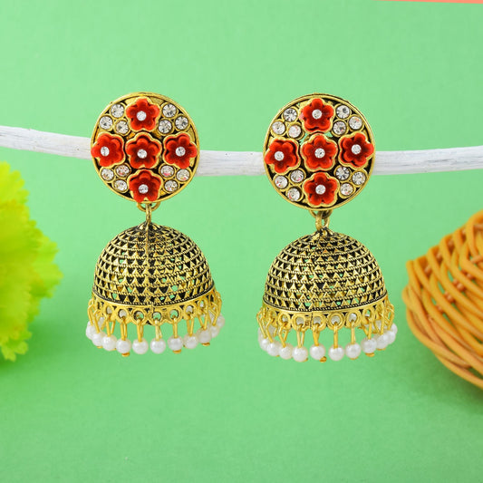 Elegant Red Color Oxidised Earrings Crafted With Handmade Detailing For Brides And Traditional Parties