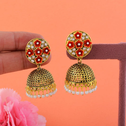 Elegant Red Color Oxidised Earrings Crafted With Handmade Detailing For Brides And Traditional Parties