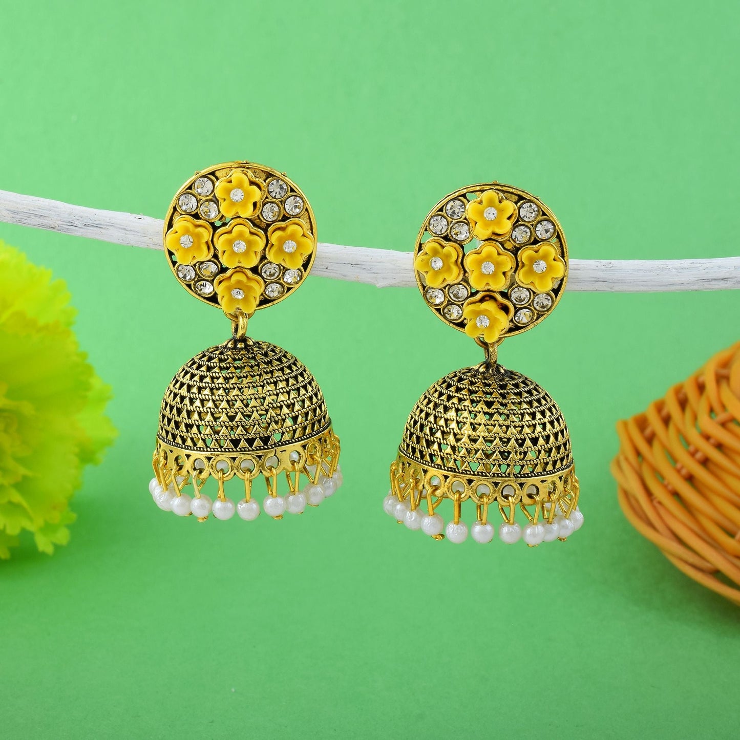 Attractive Yellow Color Oxidised Earrings Perfect For Brides, Festivals, And Traditional Jewelry Styling