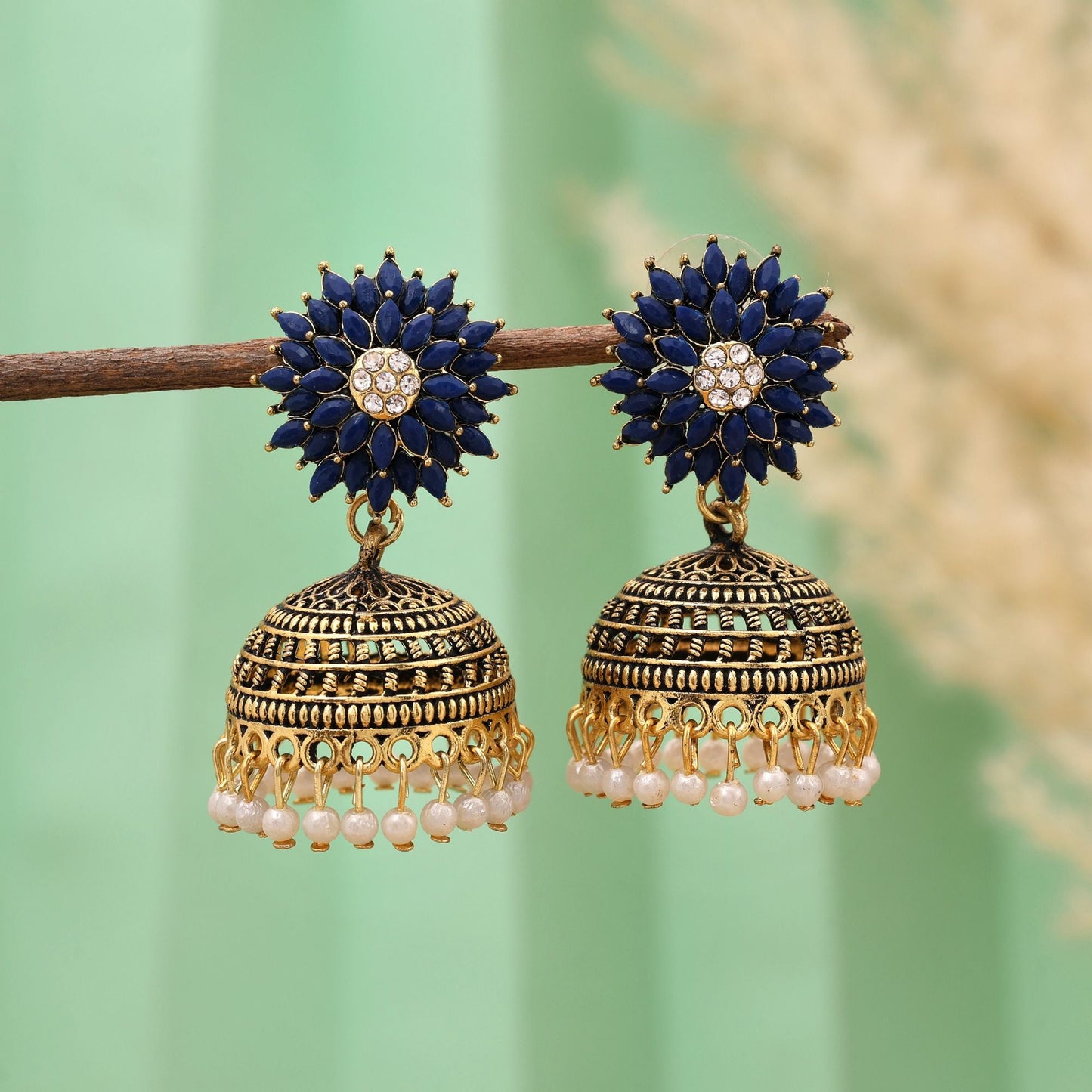 Elegant Blue Color Oxidised Earrings Designed With Detailing For Brides And Party Celebrations