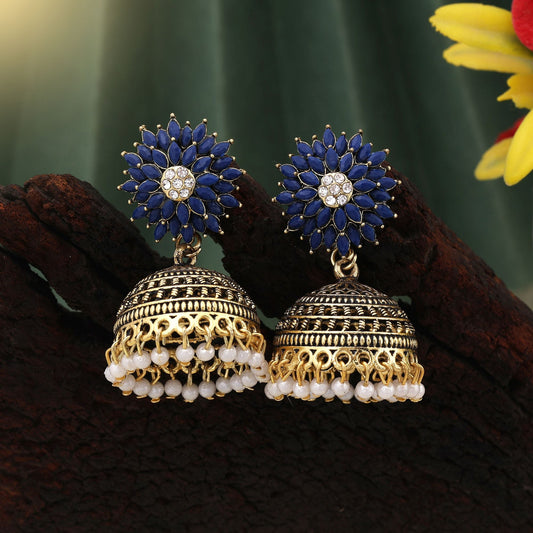 Elegant Blue Color Oxidised Earrings Designed With Detailing For Brides And Party Celebrations